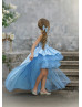 Sky Blue Glitter Tulle Slit Back High Low Flower Girl Dress